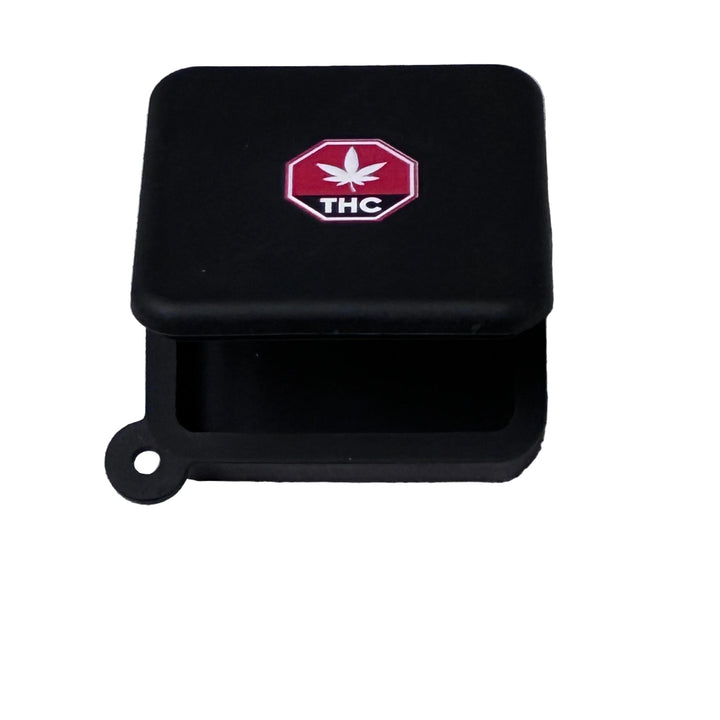 Black silicone 2ml container with THC logo on a white surface