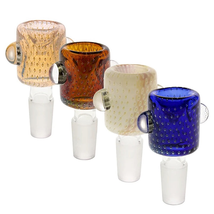 Set of colorful glass smoking accessories on a white background