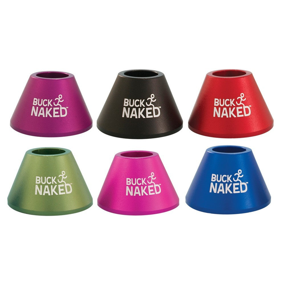 Set of six colorful cone-shaped products with 'Buck Naked' branding on a white background.