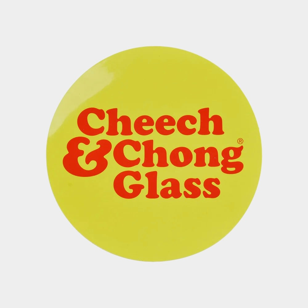 Round yellow sticker with red text 'Cheech & Chong Glass' on a light gray background