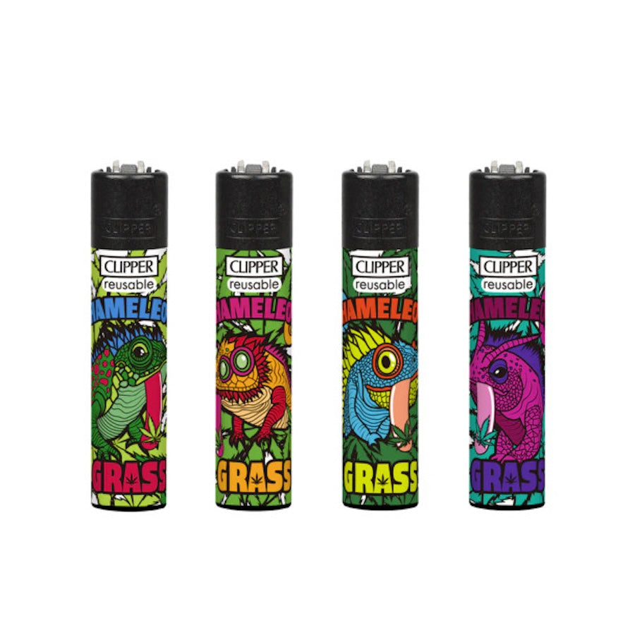 Four colorful Clipper lighters with a chameleon designs on a white background