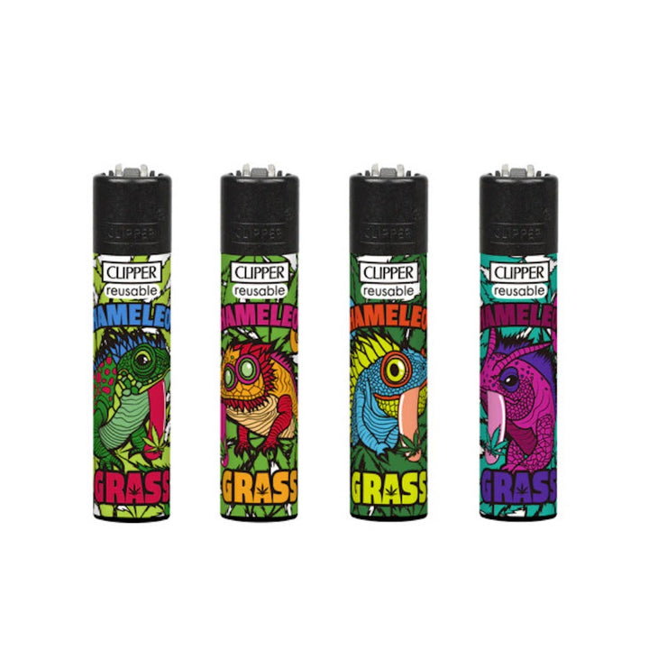 Four colorful Clipper lighters with a chameleon designs on a white background