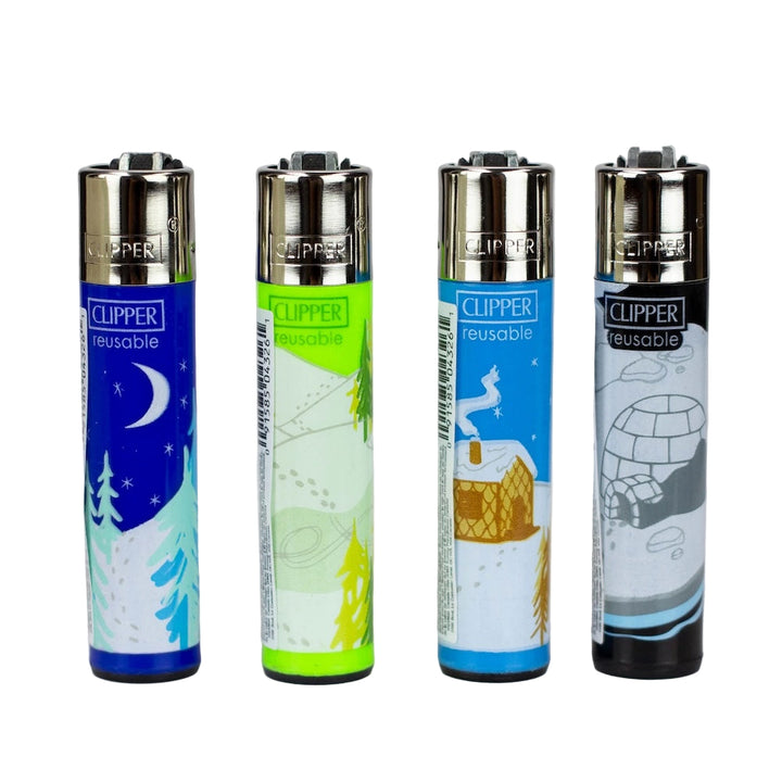 Four Clipper lighters with north pole designs on a gray background