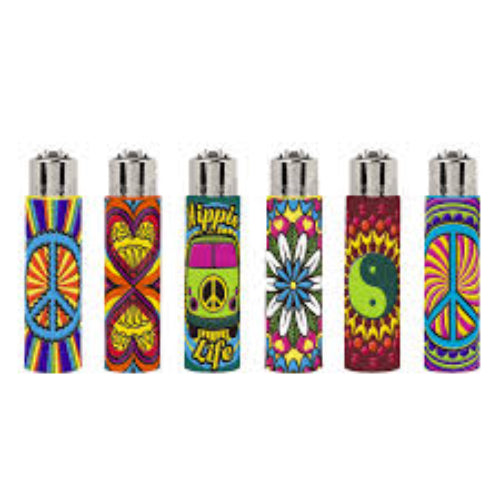 Set of six colorful lighters with peace signs and symbols on a white background