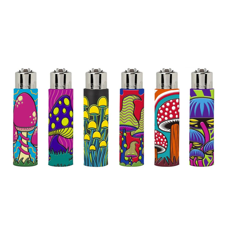 Set of colourful clipper lighters with mushroom designs on a white background