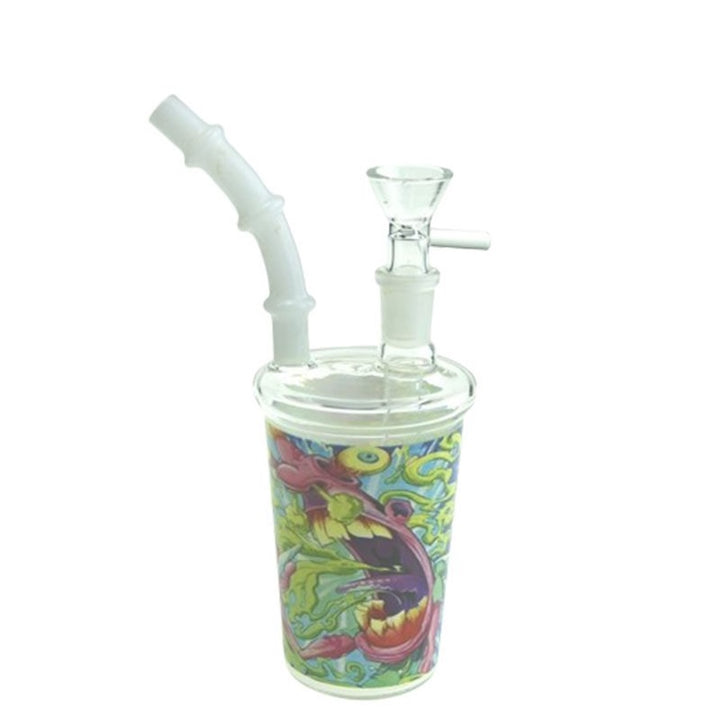 Glass smoking device with colorful design on a white background