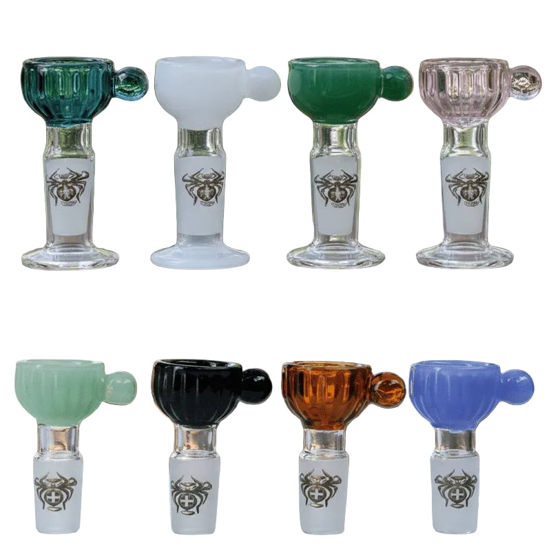Set of glass smoking accessories with colourful bowls on a white background