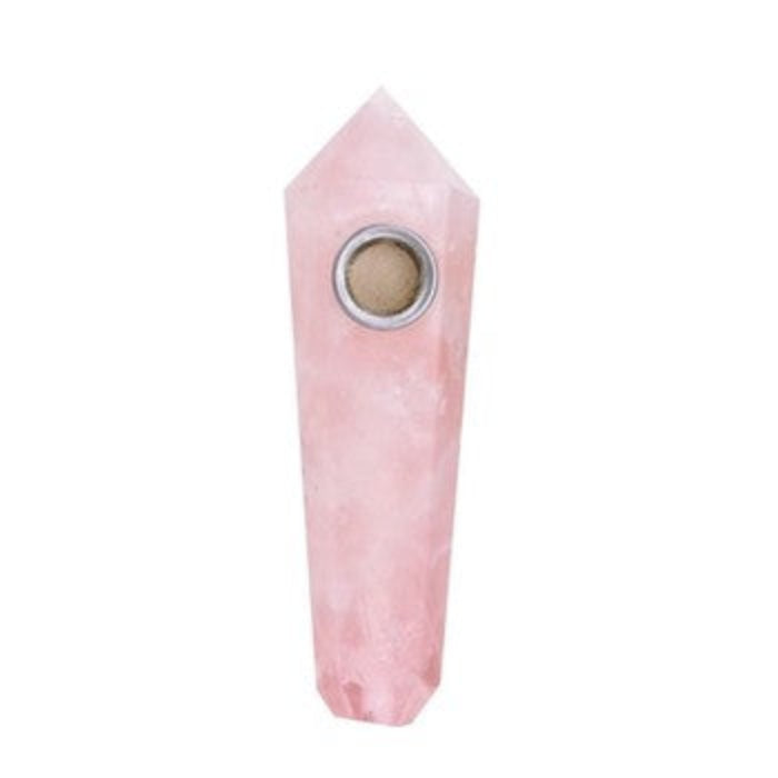 Pink crystal pipe with a circular cutout on a white background