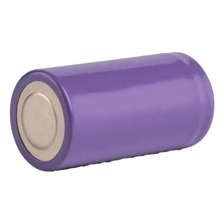 A small purple colored battery on a white background