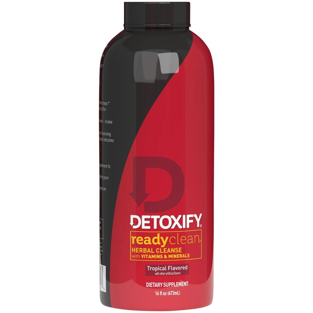 Red and black supplement bottle labeled 'Detoxify readyclean' on a white background