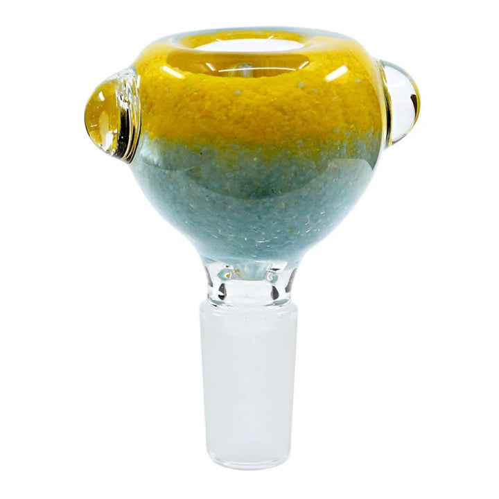 Glass smoking accessory with yellow and blue gradient on a white background