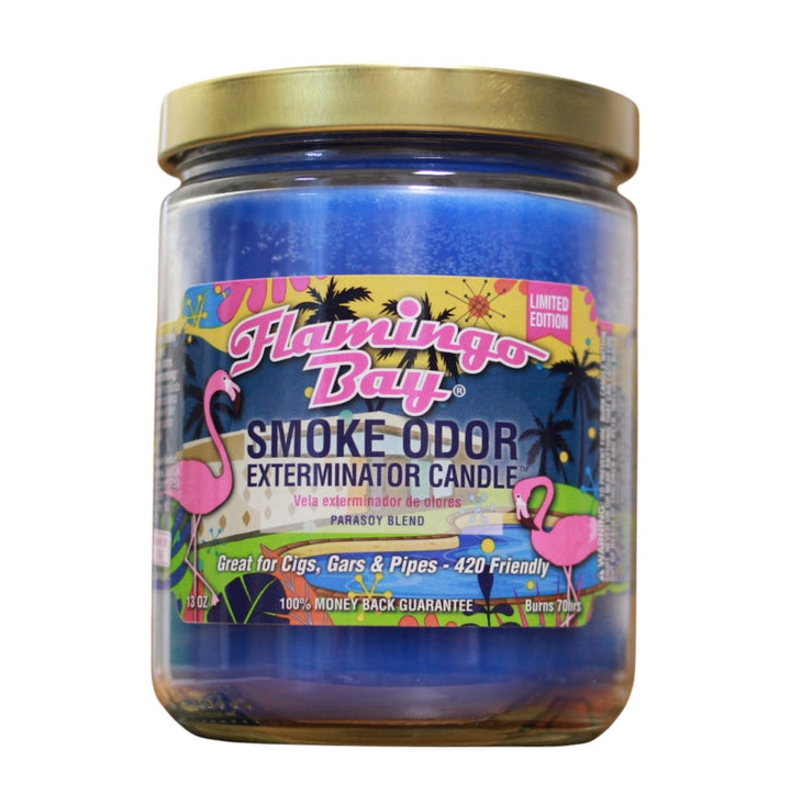 Jar of Flamingo Bay Smoke Odor Exterminator Candle with colorful label on a white background