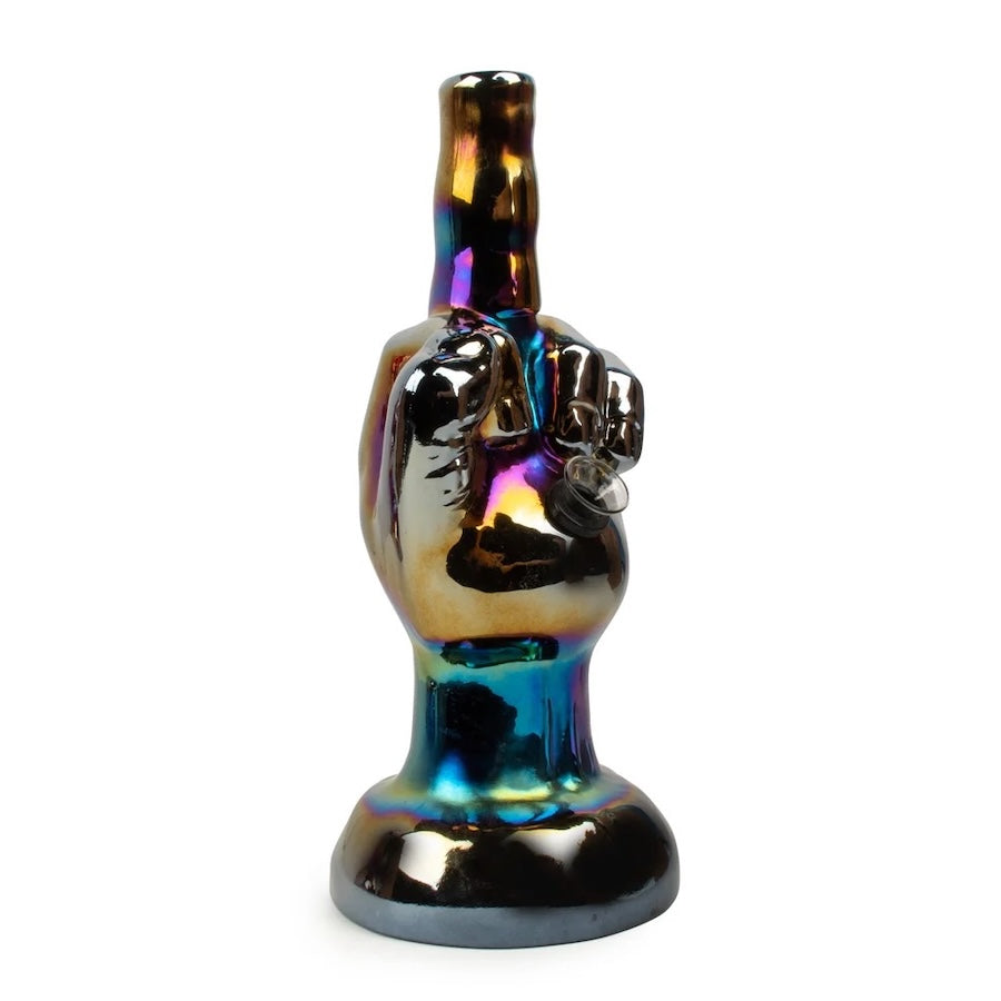 Multicolored glass hand pipe on a white background