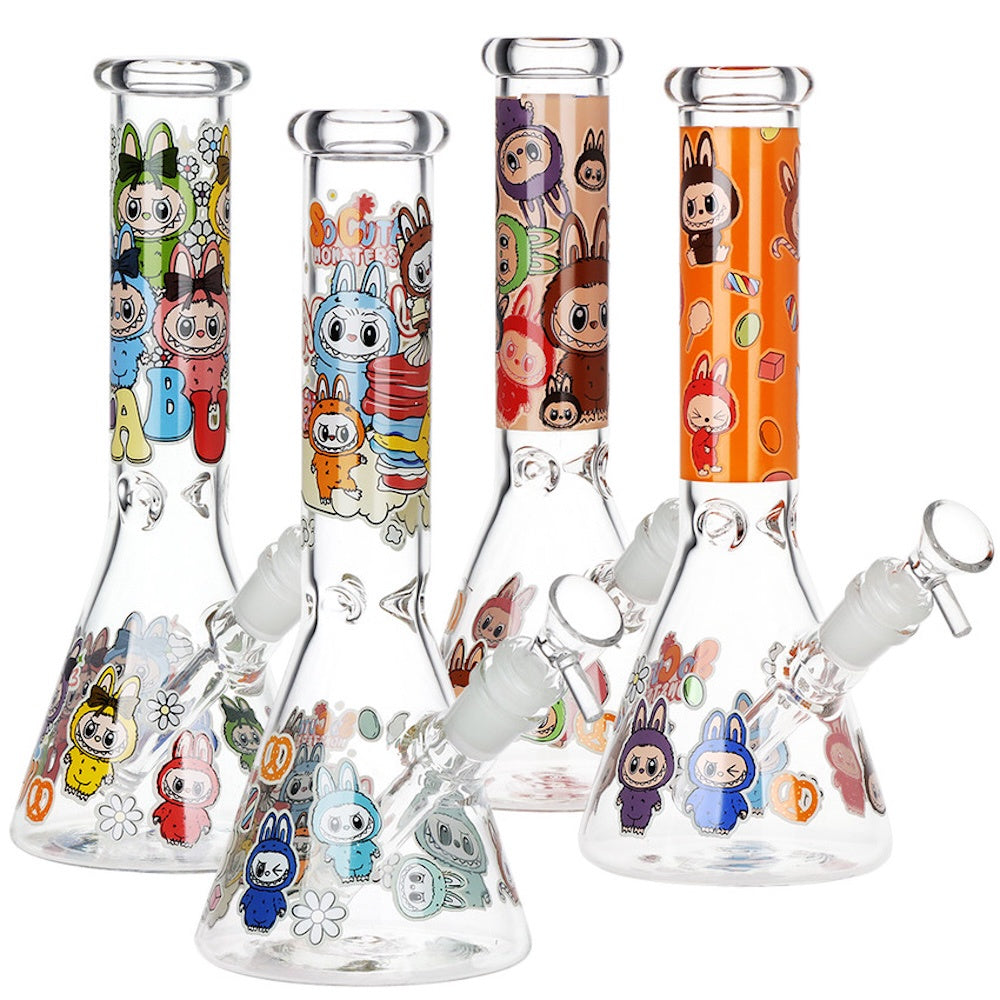 Set of glass beakers with colorful cartoon character designs on a white background