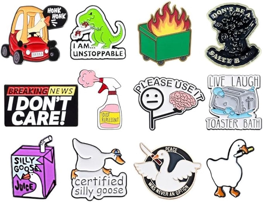 Collection of various enamel pins with different designs and text.