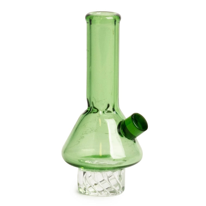 Green glass water pipe carb cap on a white background