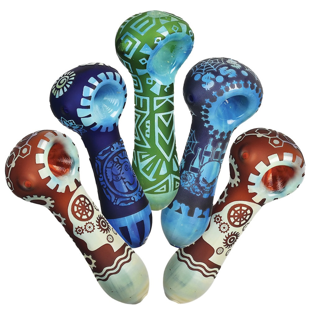 Five colorful glass pipes with various patterns on a white background