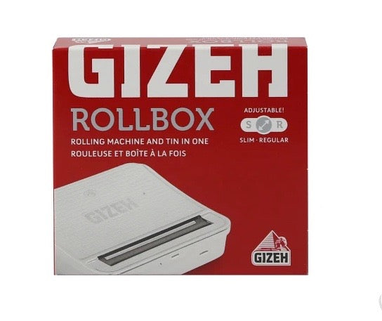 Gizeh Rollbox retail packaging box, featuring a red background with white text and a white illustration of the rolling machine.