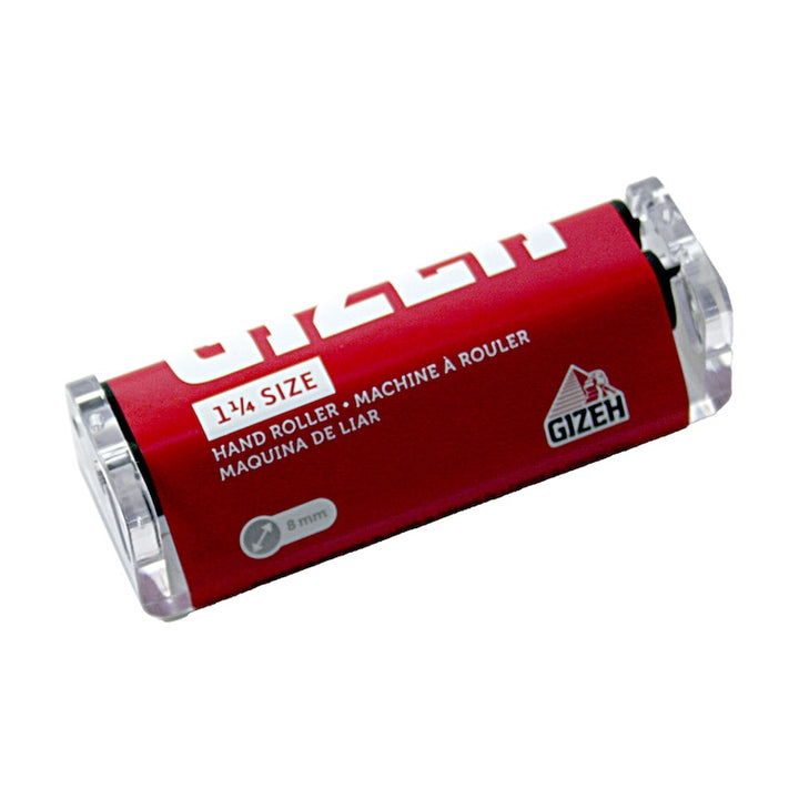 A red Gizeh hand roller with clear plastic end caps, shown on a plain white background.