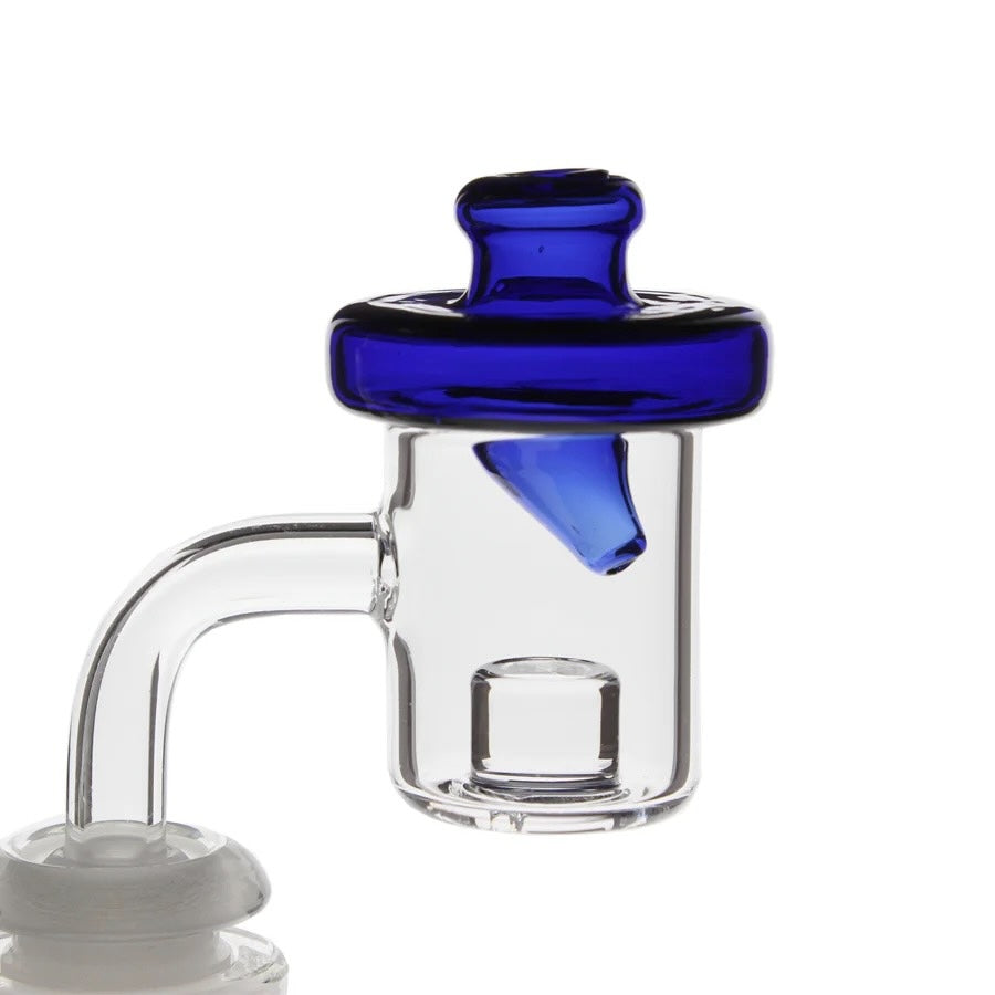 Glass carb cap with blue top on a white background