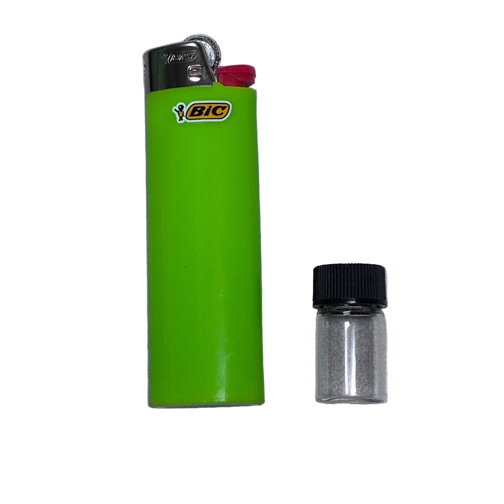 Green BIC lighter and a 2.5g glass vial  on a gray background