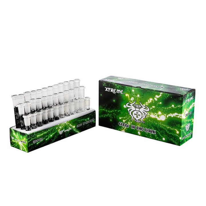 box of variously sized glass bong stems on a white backround
