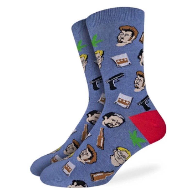 Blue trailer park boys socks with graphic designs on a white background