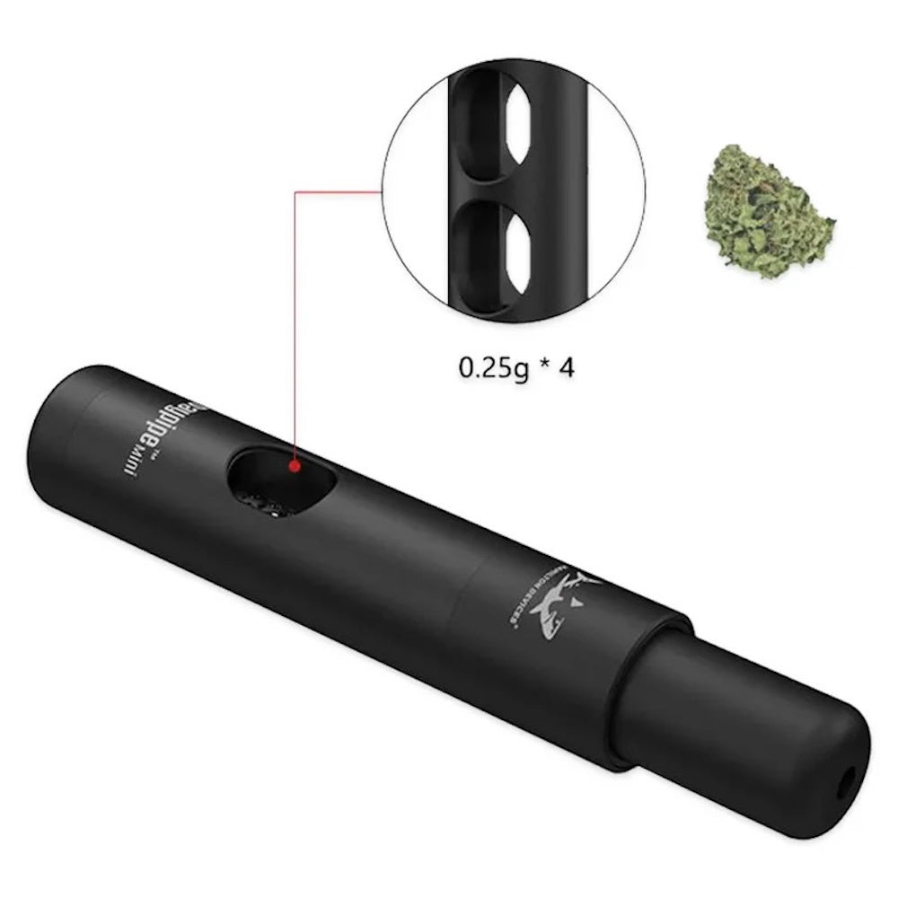 Black cylindrical device with a close-up inset showing its components on a white background.