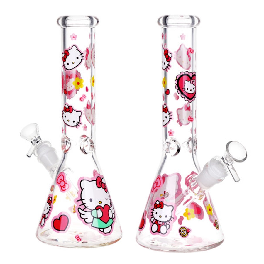 Two glass bongs with Hello Kitty designs on a white background
