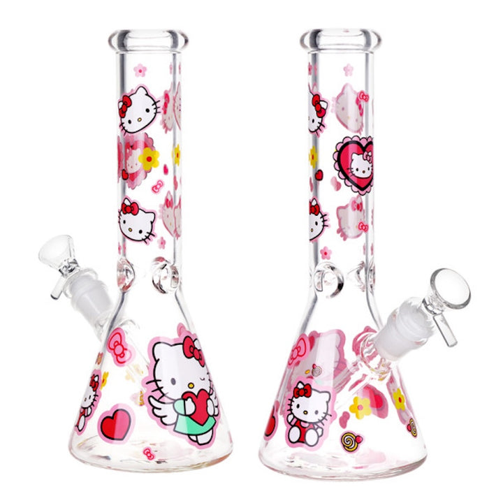 Two glass bongs with Hello Kitty designs on a white background