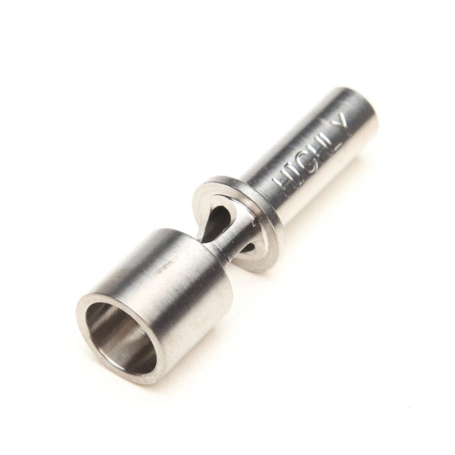 A metal dab nail with "highly"engraved on it on a white background