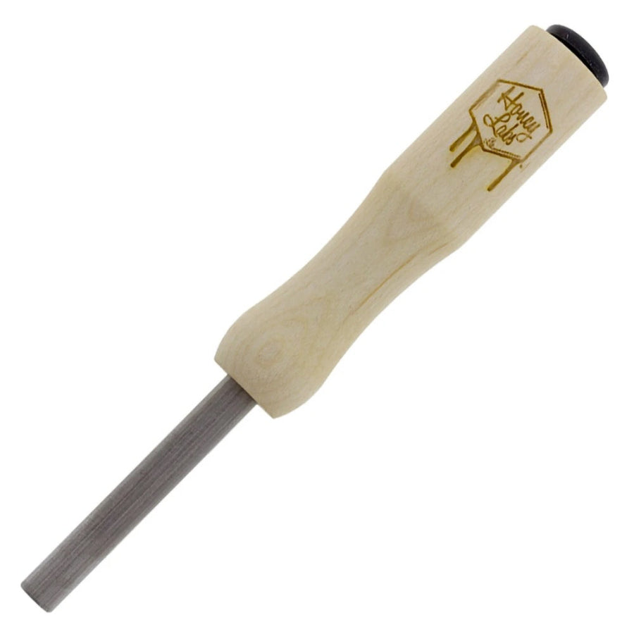 A wooden handled dab tool with a metal end and a honey labs logo on a white background