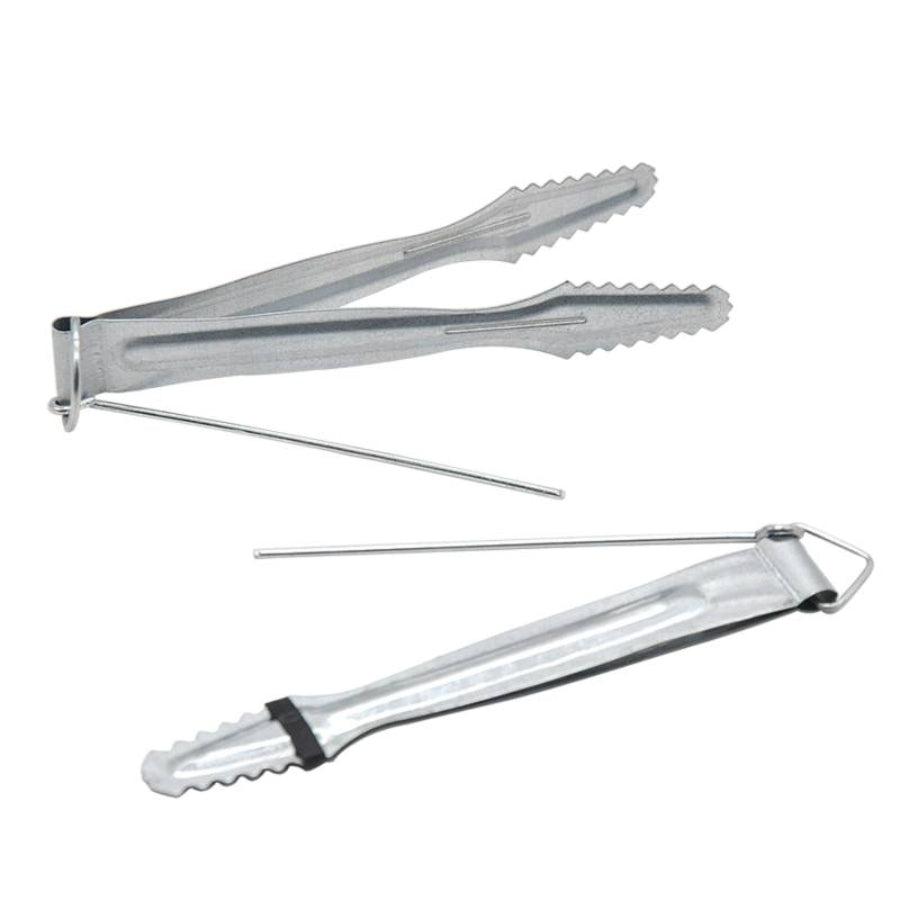 a pair of metal tongs with a metal rod on a white background