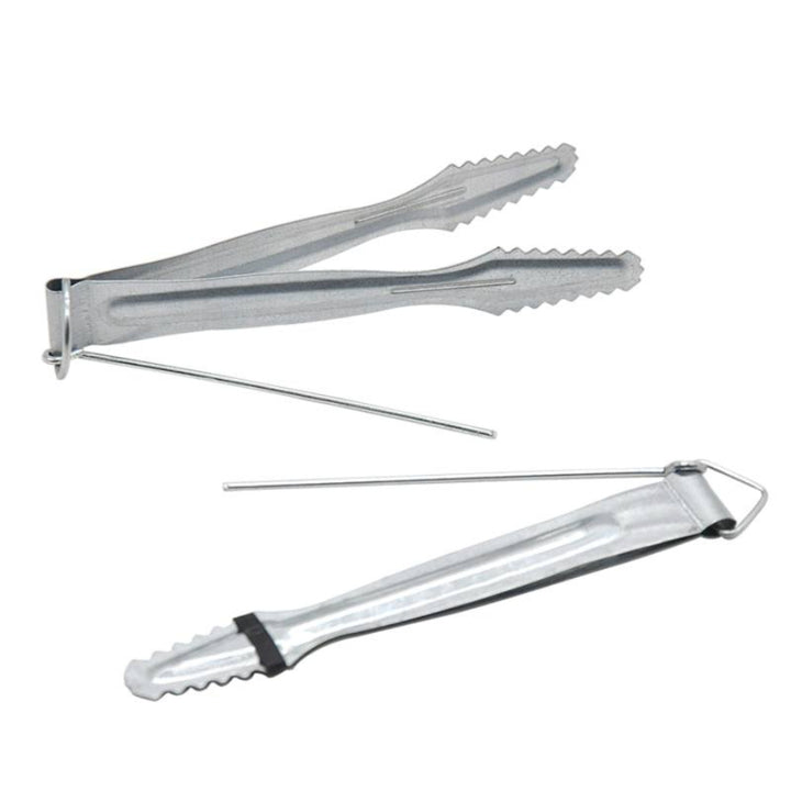 a pair of metal tongs with a metal rod on a white background