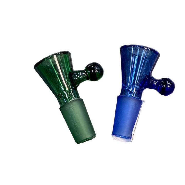Two glass bong bowls, one green and one blue, on a gray background.