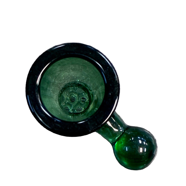 Green glass pipe bowl with built in screen on white backround
