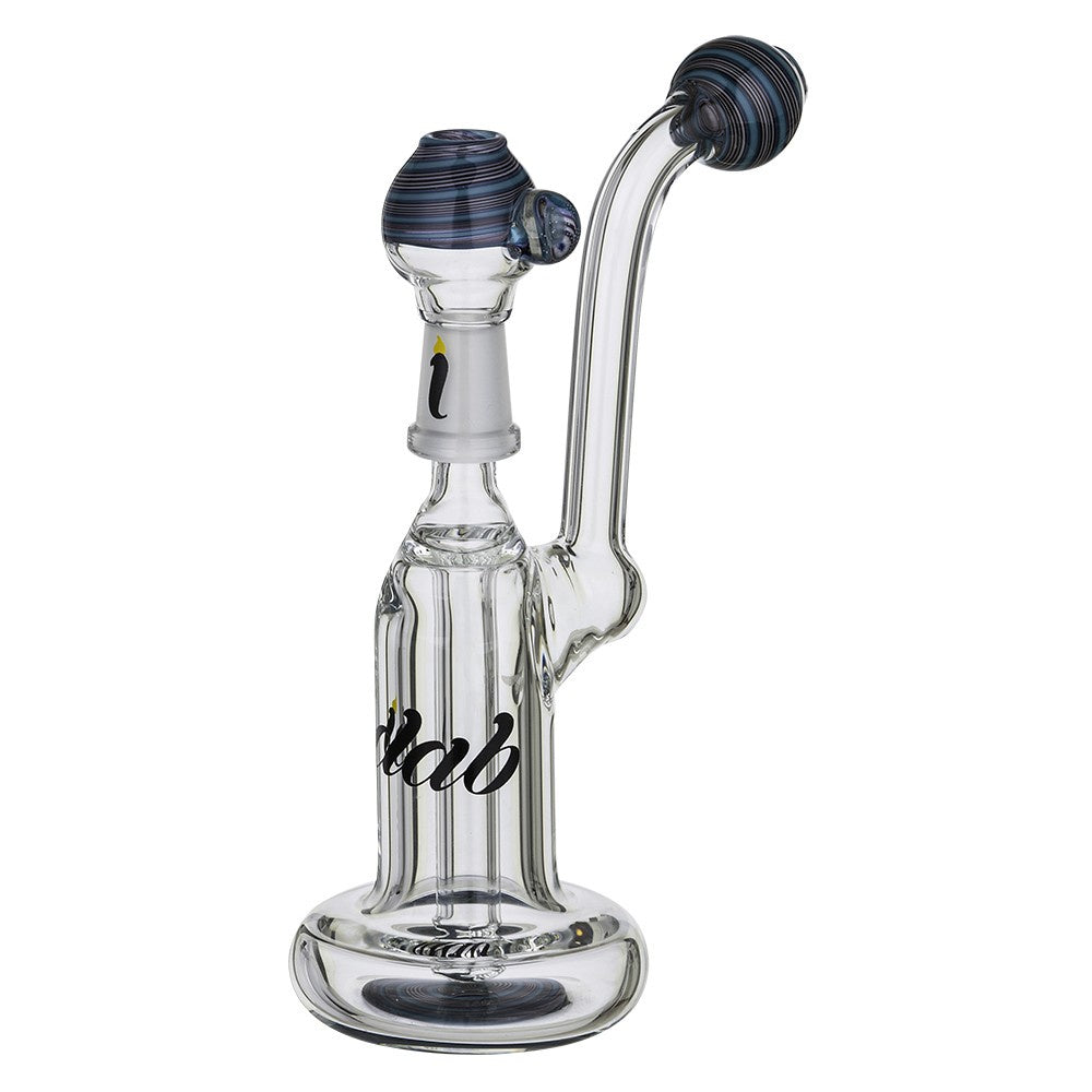 Clear glass smoking device with black text on a white background