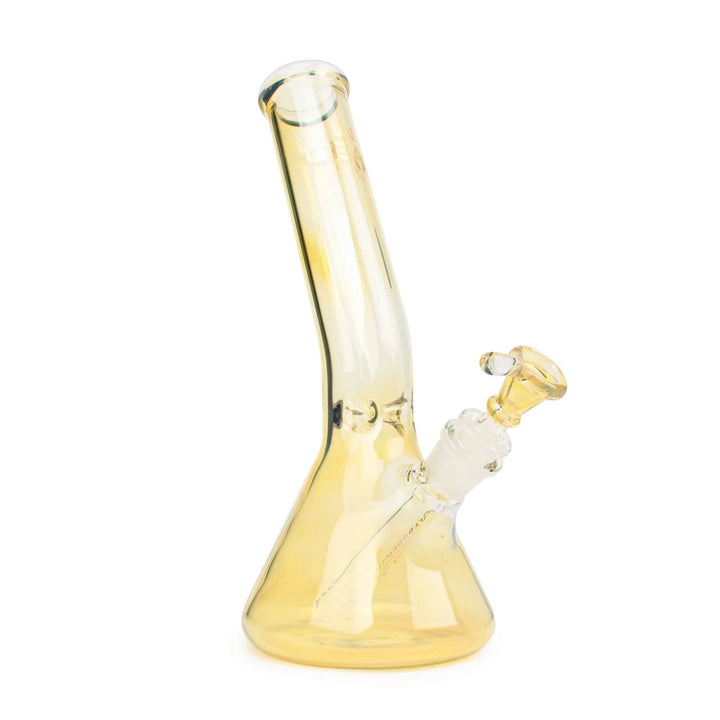 Glass water pipe with gold accent on a white background