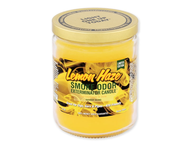Lemon haze smoke odor exterminator candle with yellow label on a white background