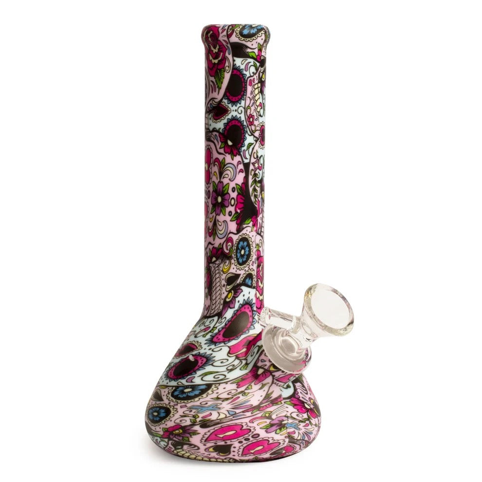 Colorful glass smoking device with floral pattern on a white background