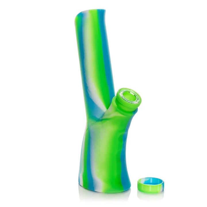 Colorful glass pipe with a blue and green swirl pattern on a white background