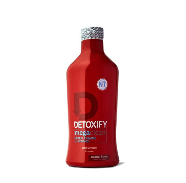 Red bottle of 'Detoxify mega clean' on a white background