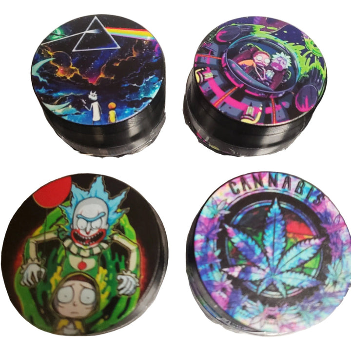 Four colorful grinder tops with various designs on a white background