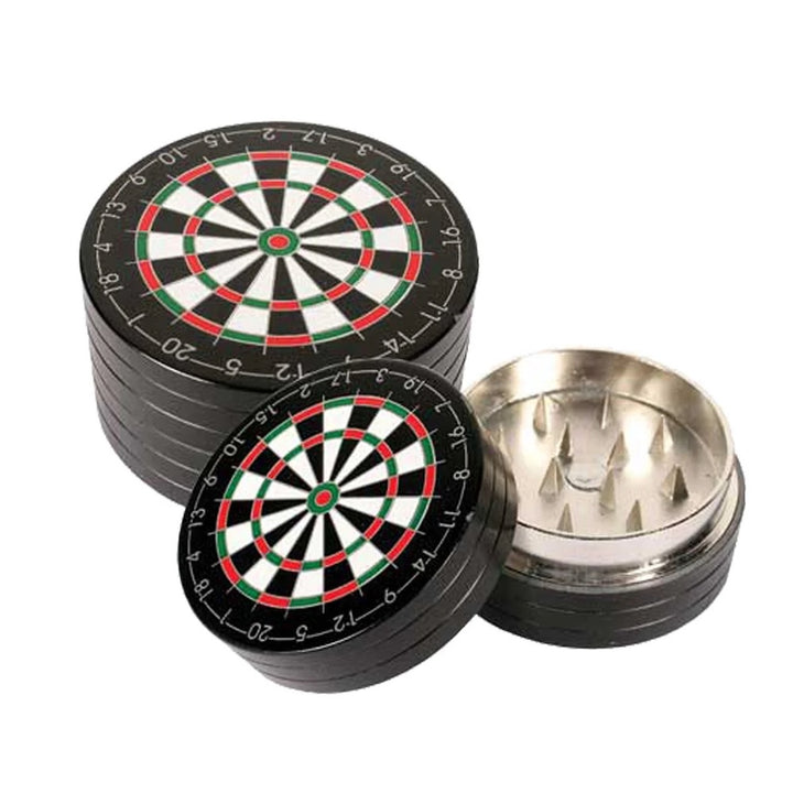 Dartboard-patterned grinder with metal interior on a white background