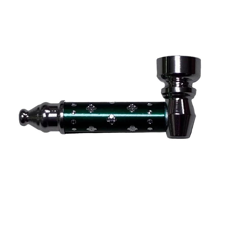 Metallic smoking pipe with decorative elements on a white background