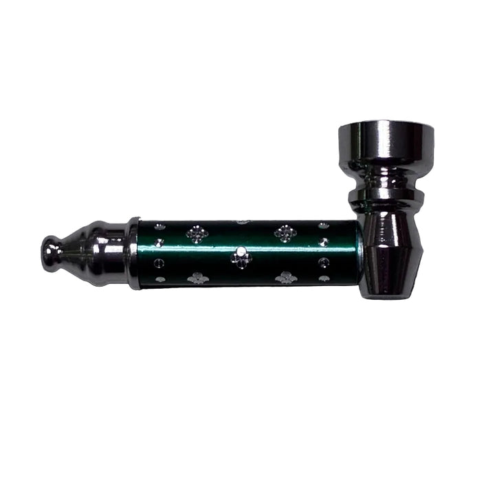 Metallic smoking pipe with decorative elements on a white background