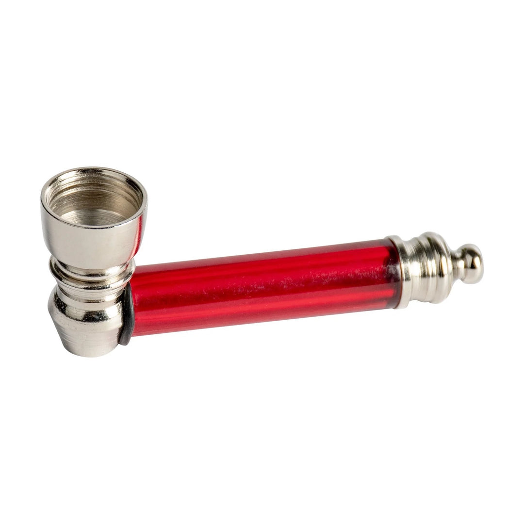 Red metal pipe with silver accents on a white background