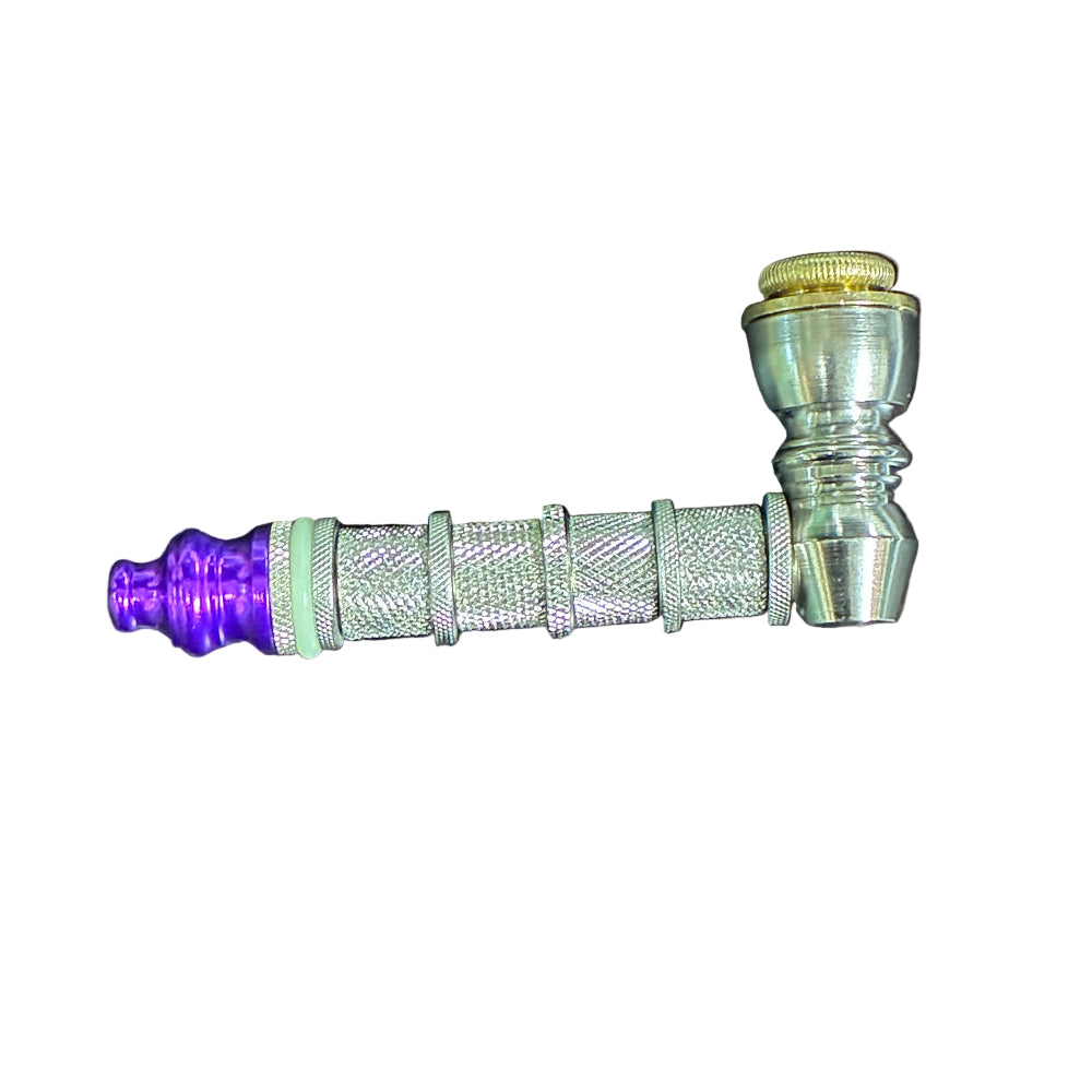 Metallic smoking pipe with purple accent on a grey surface