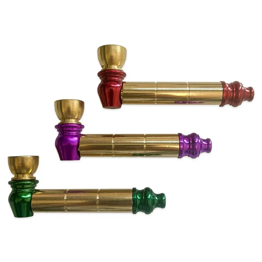 Set of four metal smoking pipes in gold, red, purple, and green on a white background