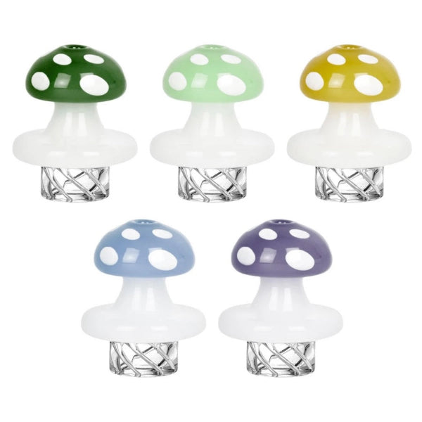 Five mushroom-shaped glass diffusers arranged in two rows on a plain white background.